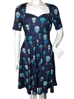 new UNIQUE VINTAGE Dress, M, Navy, Hot Air Balloons/Animals, Sweetheart neck